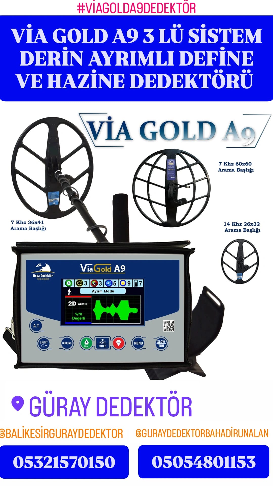 VİA GOLD A9 DERİN AYRIMLI DEFİNE VE HAZİNE DEDEKTÖRÜ 3Lü SİSTEM 2D GRAFİK METAL AYRIMLI ALAN TARAMALI